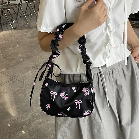 Sweet Floral Nylon Shoulder Bag For Women Rose Print Underarm Bag With Bow Ribbon Scrunchie Handle Zipper Daily Casual Bag