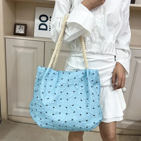 Sweet Bowknot Puckered Fabric Tote Bag With Thick Rope Handle Large Capacity Casual Shoulder Bag For Women Commuting Shopping