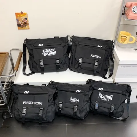 Large Capacity Nylon Messenger Bag For Women Men Student School Tooling Style Crossbody Tote Bag With Flap Buckle Letter