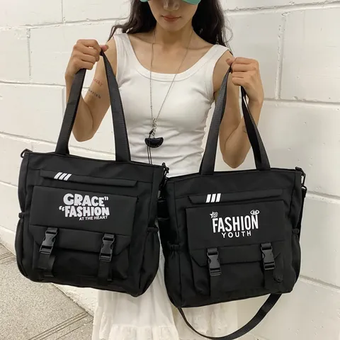 Large Capacity Nylon Messenger Bag For Women Men Student School Tooling Style Crossbody Tote Bag With Flap Buckle Letter