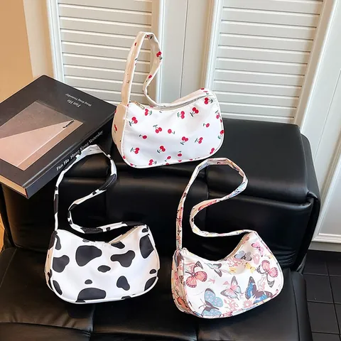 Women Fashion Printed Nylon Underarm Bag Casual Hobo Shoulder Bag Cherry Butterfly Cow Zebra Leopard Print Trendy Handbag