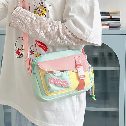 Kawaii Japanese Style Nylon Crossbody Shoulder Bag For Women Contrast Macaron Colors Multi Pocket Harajuku Messenger Bag