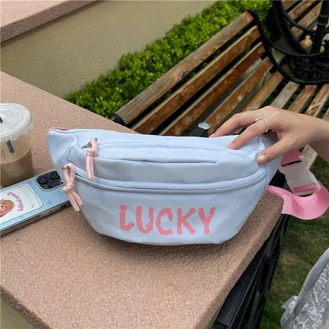 Women Canvas Waist Bag Chest Bag Lucky Letter Print Casual Street Style Crossbody Shoulder Bag For Travel Outdoor Party