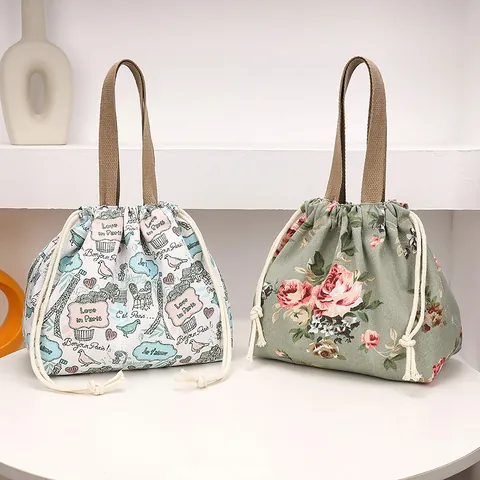 Sac à Main en Toile Florale avec Cordon de Serrage pour Femmes Vintage Imprimé Tour Eiffel Sac à Déjeuner Étudiant