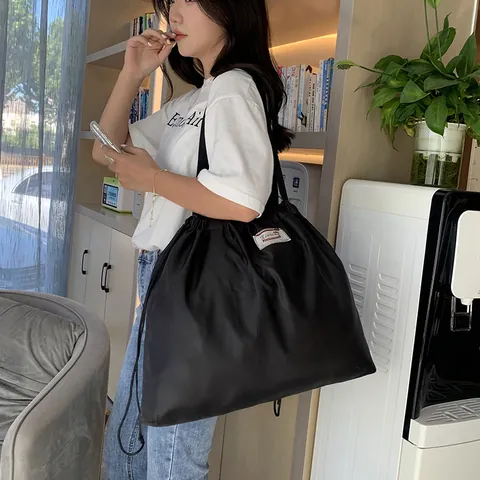 Bolso Tote de Gran Capacidad de Nailon Impermeable con Cordón para Mujer Bolso de Hombro Plegable y Ligero para Viajes y Compras