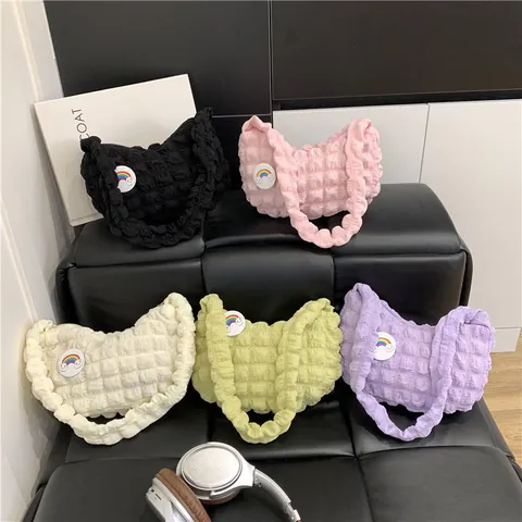 Borsa Sottospalla Plissettata Trama a Bolle Donna Nylon Leggero Borsa a Nuvola Hobo Con Stemma Arcobaleno Borsa a Tracolla Casual Quotidiana