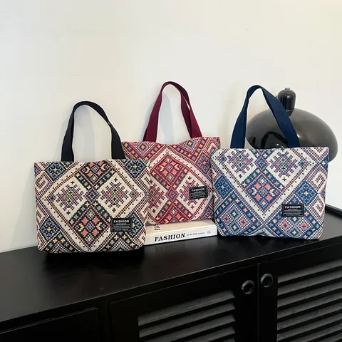 Damen Ethno Canvas Tragetasche Geometrisches Gewebtes Muster Handtasche Große Kapazität Boho Schultertasche Alltag
