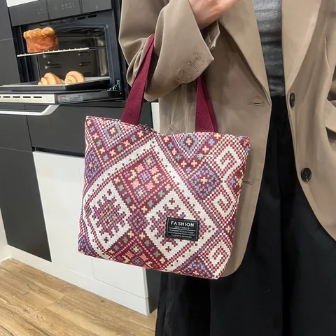 Damen Ethno Canvas Tragetasche Geometrisches Gewebtes Muster Handtasche Große Kapazität Boho Schultertasche Alltag