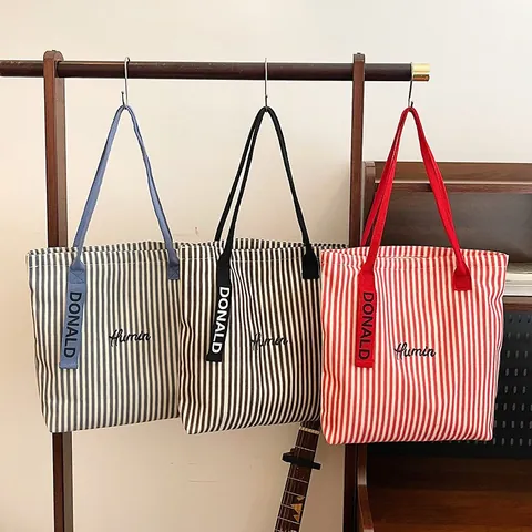Women Large Capacity Striped Canvas Tote Bag Korean Style Shoulder Commuter Handbag With Letter Embroidery Contrast Straps