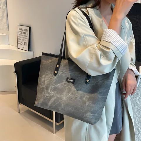 Bolso Tote de Cuero PU de Gran Capacidad para Mujer Patrón Mármol Lavado Casual Bolso de Hombro Street Style