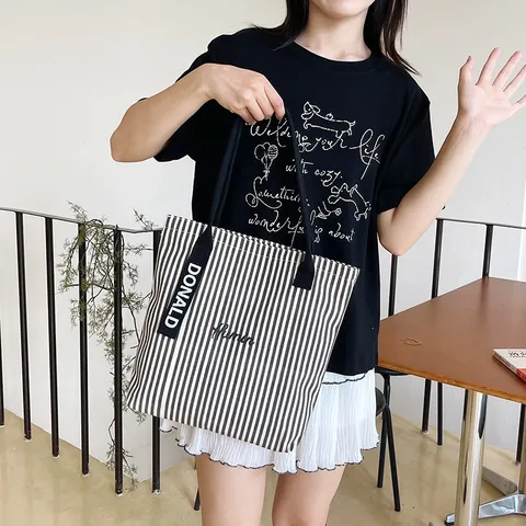 Women Large Capacity Striped Canvas Tote Bag Korean Style Shoulder Commuter Handbag With Letter Embroidery Contrast Straps
