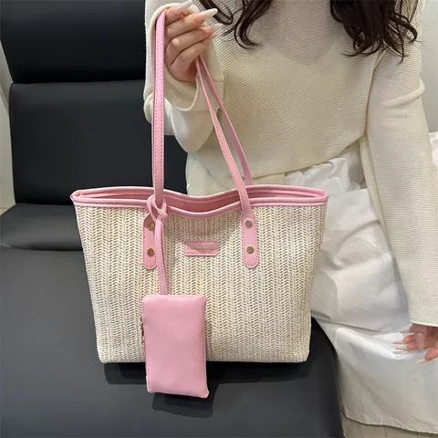Damen Große Stroh Tragetasche Und Beutel Lässige Mode Gewebte Schultertasche PU Besatz Handtasche Sommer Strand Reise