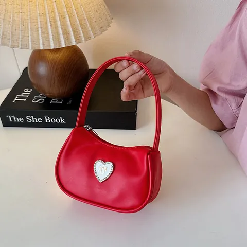 Women Fashion Mini PU Leather Half Moon Handbag With Heart Shaped Rhinestone Buckle Bowknot Detail Shoulder Bag Underarm Tote