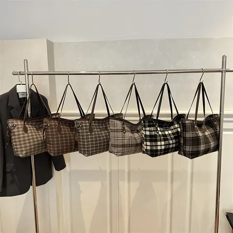 Sac Fourre-tout à Carreaux Grande Capacité pour Femmes Vintage en Tissu de Laine Style Britannique Sac à Main Avec Poignées en Cuir