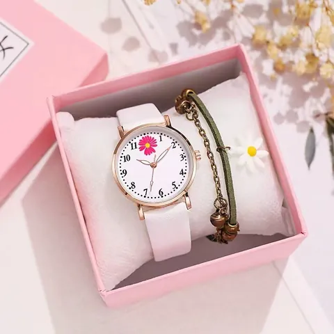 Reloj de Cuarzo para Mujer con Conjunto de Pulsera Patrón de Margarita Correa de Piel Sintética Reloj de Pulsera Analógico con Caja de Regalo