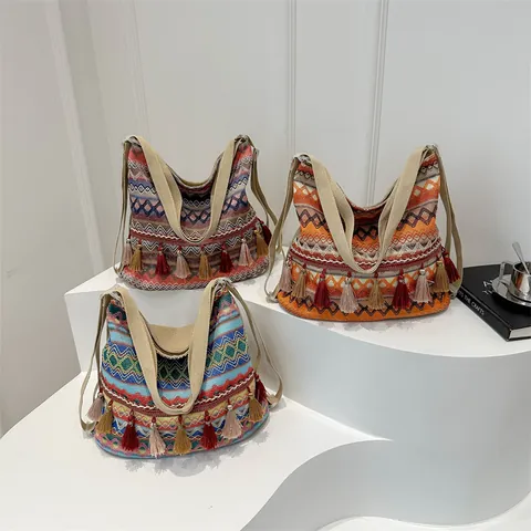 Sac Fourre-Tout en Toile Bohème Ethnique pour Femmes Grande Capacité Tissage Gland Frange Motif Géométrique Sac à Bandoulière Vacances