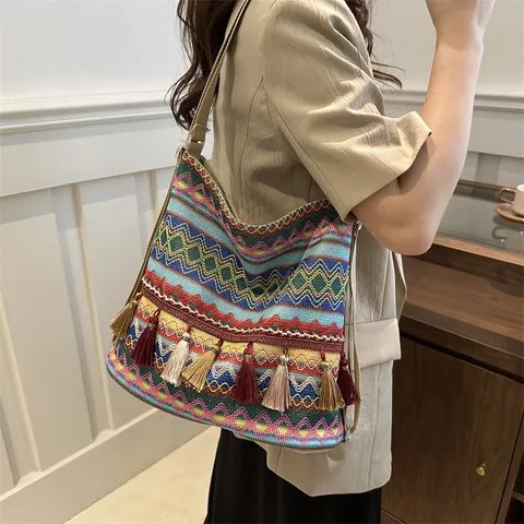 Sac Fourre-Tout en Toile Bohème Ethnique pour Femmes Grande Capacité Tissage Gland Frange Motif Géométrique Sac à Bandoulière Vacances