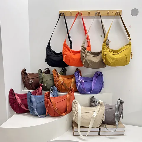 Women Fashion Nylon Hobo Bag Solid Color Large Capacity Dumpling Crossbody Bag Lightweight Crescent Shoulder Bag With Braided Rope Zipper Puller