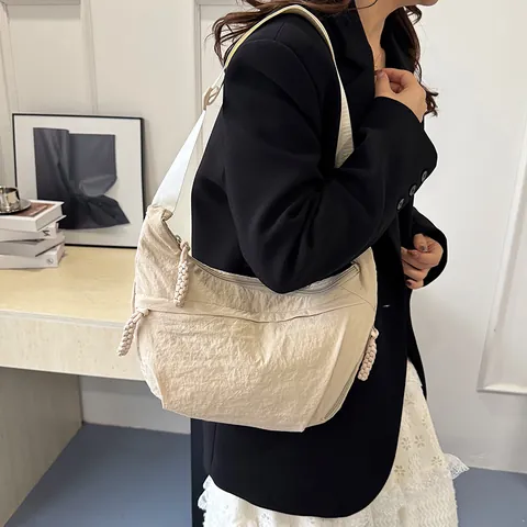 Women Fashion Nylon Hobo Bag Solid Color Large Capacity Dumpling Crossbody Bag Lightweight Crescent Shoulder Bag With Braided Rope Zipper Puller