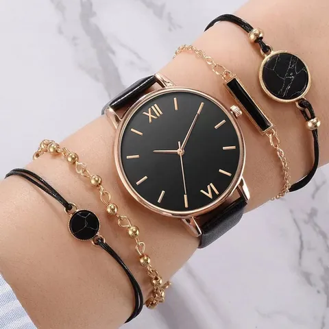 Orologio al Quarzo da Donna con Braccialetti Coordinati Cassa Rotonda in Lega Quadrante Minimalista con Numeri Romani Cinturino in Pelle PU