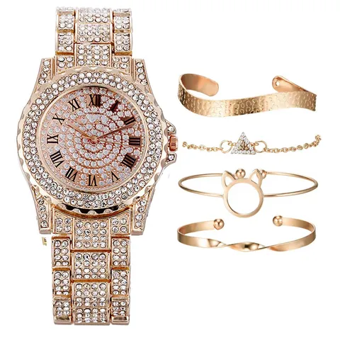 Set Orologio al Quarzo da Donna in Lega di Lusso Con Strass e Braccialetti Coordinati Numeri Romani Orologio da Polso in Metallo