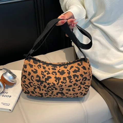Women Leopard Print Corduroy Shoulder Bag Large Capacity Vintage Crossbody Bag Adjustable Strap Trendy Hobo Bag Daily Tote