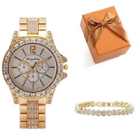 Conjunto de Regalo de Joyería de Reloj de Cuarzo para Mujer con Strass y Pulsera de Corazón Con Caja Aleación Diseño de Tres Ojos Reloj de Pulsera de Moda