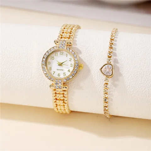 Women Luxury Quartz Watch And Heart Bracelet Set Rhinestone Inlaid Alloy Bead Strap Round Dial Ladies Fashion Jewelry Set