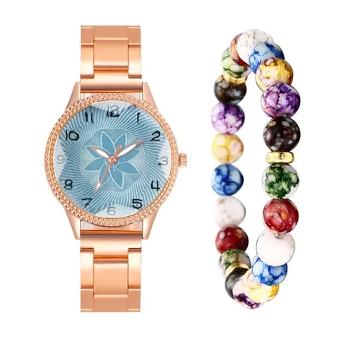 Women Quartz Watch Rhinestone Flower Pattern Dial Alloy Strap Wristwatch With Multi Color Beads Bracelet Pink Gift Box