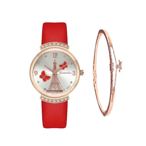 Fashion Women Quartz Watch Bracelet Set Eiffel Tower Pattern Rhinestone Alloy Case PU Leather Strap Casual Jewelry Gift Set
