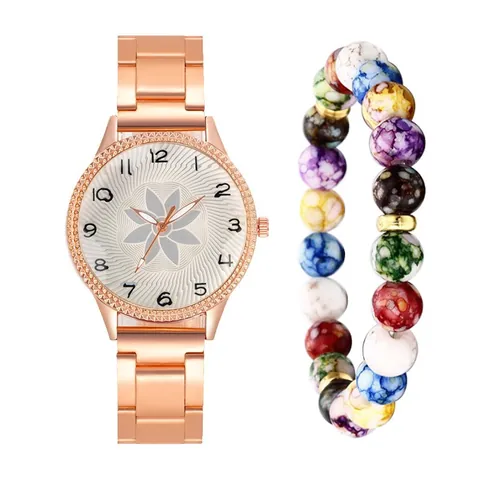 Women Quartz Watch Rhinestone Flower Pattern Dial Alloy Strap Wristwatch With Multi Color Beads Bracelet Pink Gift Box