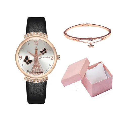 Fashion Women Quartz Watch Bracelet Set Eiffel Tower Pattern Rhinestone Alloy Case PU Leather Strap Casual Jewelry Gift Set