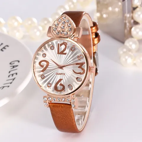Fashion Women Quartz Watch Rose Gold Alloy Case Faux Leather Strap Heart Shaped Rhinestone Accents Elegant Dress Wristwatch For Lady