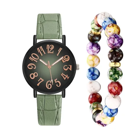Women Casual Fashion Quartz Wristwatch Featuring Alligator Texture Satin Strap Gradient Round Dial Alloy Case Pointer Watch And Colorful Beaded Bracelet Accessory