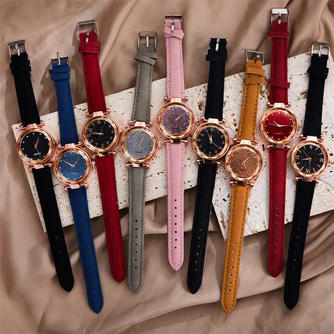 Mode Dames Quartz Horloge Rose Goud Legering Kast Sterrenhemel Wijzerplaat Gefacetteerde Spiegel Strass Mat Imitatieleer Band Casual Sieraden Polshorloge