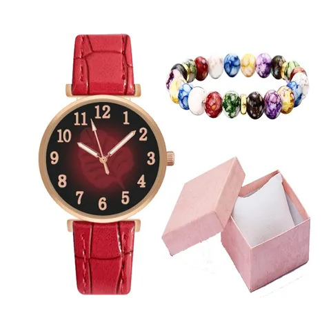Fashion Women Leaf Pattern Quartz Watch Crocodile Leather Strap Arabic Numerals Casual Wrist Watch Beaded Bracelet Set