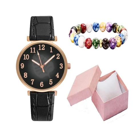 Fashion Women Leaf Pattern Quartz Watch Crocodile Leather Strap Arabic Numerals Casual Wrist Watch Beaded Bracelet Set