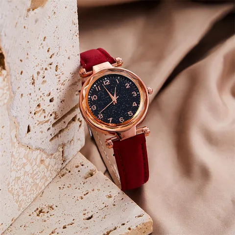 Mode Dames Quartz Horloge Rose Goud Legering Kast Sterrenhemel Wijzerplaat Gefacetteerde Spiegel Strass Mat Imitatieleer Band Casual Sieraden Polshorloge