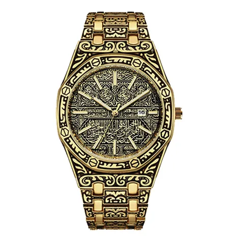 Herren Vintage Quarzuhr Geprägte Retro Geschnitztes Aluminiumband Oktogonale Lünette Ethno Stil Armbanduhr Mit Datumsanzeige