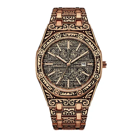 Herren Vintage Quarzuhr Geprägte Retro Geschnitztes Aluminiumband Oktogonale Lünette Ethno Stil Armbanduhr Mit Datumsanzeige