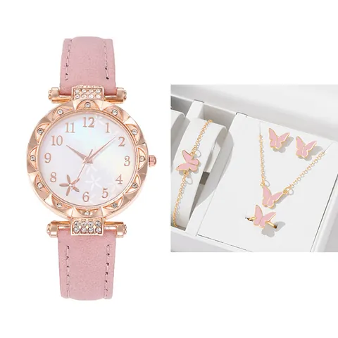 Women Fashion Quartz Watch Butterfly Jewelry Floral Dial Rhinestone Alloy Case Faux Leather Strap Necklace Bracelet Ring Earring Gift