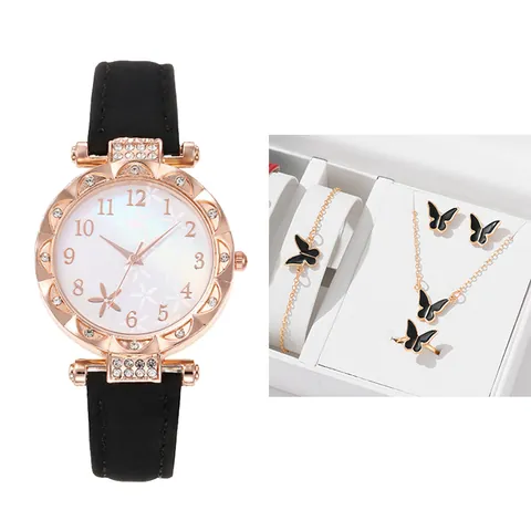 Women Fashion Quartz Watch Butterfly Jewelry Floral Dial Rhinestone Alloy Case Faux Leather Strap Necklace Bracelet Ring Earring Gift