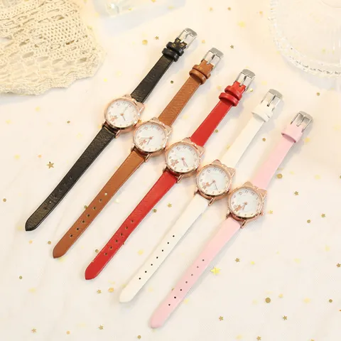 Cute Cat Ear Quartz Watch Rhinestone Star Moon Bracelet Rose Gold Case Faux Leather Strap Elegant Women Fashion Jewelry