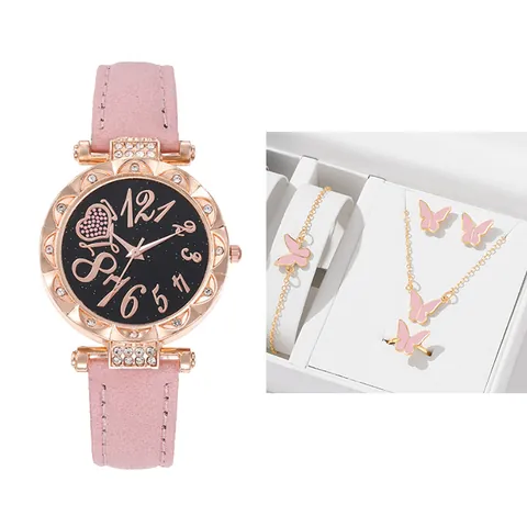 Women's Fashion Rhinestone Watch Jewelry Set Butterfly Necklace Earrings Bracelet Ring Leather Band Starry Sky Dial Quartz Wristwatch Gift Set