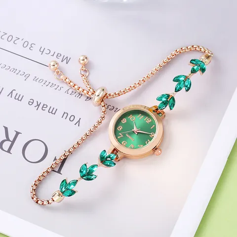 Women Fashion Leaf Bracelet Watch Adjustable Slide Buckle Quartz Wristwatch Alloy Case Stainless Steel Strap Rhinestone Inlaid Elegant Jewelry Watch