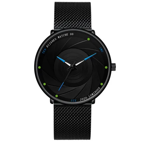 DIJANES Men's Fashion Quartz Watch Luminous Camera Shutter Aperture Dial Stainless Steel Mesh Faux Leather Strap Casual Business Wristwatch