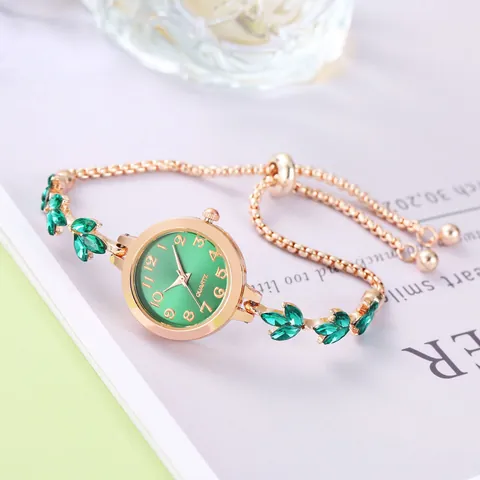 Women Fashion Leaf Bracelet Watch Adjustable Slide Buckle Quartz Wristwatch Alloy Case Stainless Steel Strap Rhinestone Inlaid Elegant Jewelry Watch