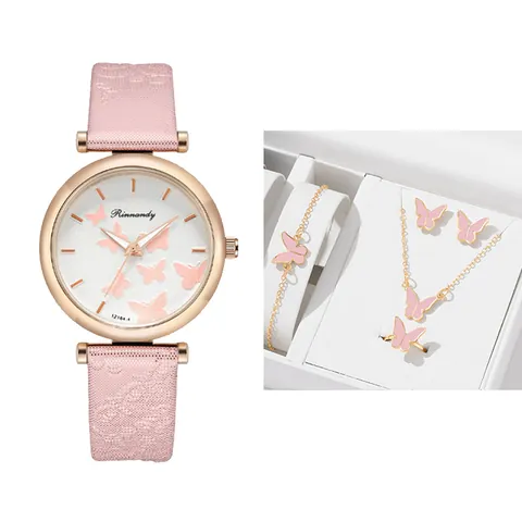Women Quartz Watch Butterfly Pattern Jewelry Set With Necklace Bracelet Earrings Ring Faux Leather Strap Alloy Case Wristwatch