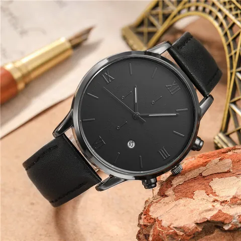 Set Orologio al Quarzo Men Business Casual Con Cinturino in Ecopelle Funzione Data e Bracciale con Corona Occhio di Tigre Regalo Uomo
