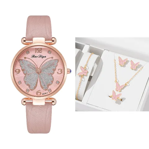 Fashion Women Watch Jewelry Set Glitter Butterfly Dial Quartz Watch With Faux Leather Strap Necklace Bracelet Ring Earrings Set